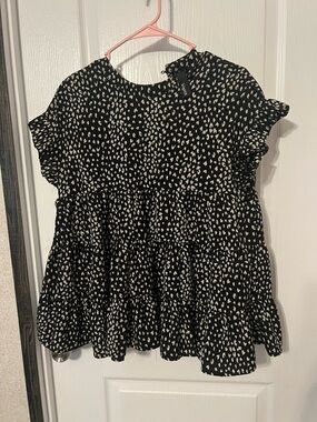 Black and White Printed Ruffle Tiered Blouse - Women